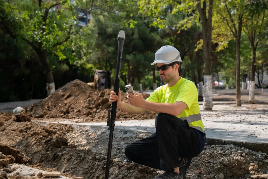 Surveyor in safety gear using a GNSS receiver and smartphone to verify measurements on a construction site.