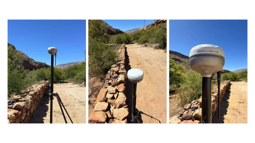 An Emlid Reach RS4 GNSS receiver on a survey tripod positioned along a stone-walled dirt road in a dry mountain canyon, shown from three angles
