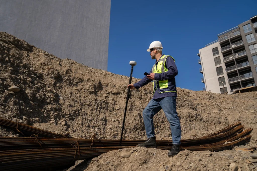 A man wearing a white hard hat and a high-visibility yellow vest is standing on a pile of dirt and rocks at a construction site. He is holding a surveying pole with a GNSS receiver attached to the top. He is also looking at a handheld device, possibly a controller or smartphone, that he is holding in his left hand. In the foreground, there are piles of rebar. In the background, there is a large, grey modern building on the left and a multi-story apartment or office building on the right, all under a clear blue sky.