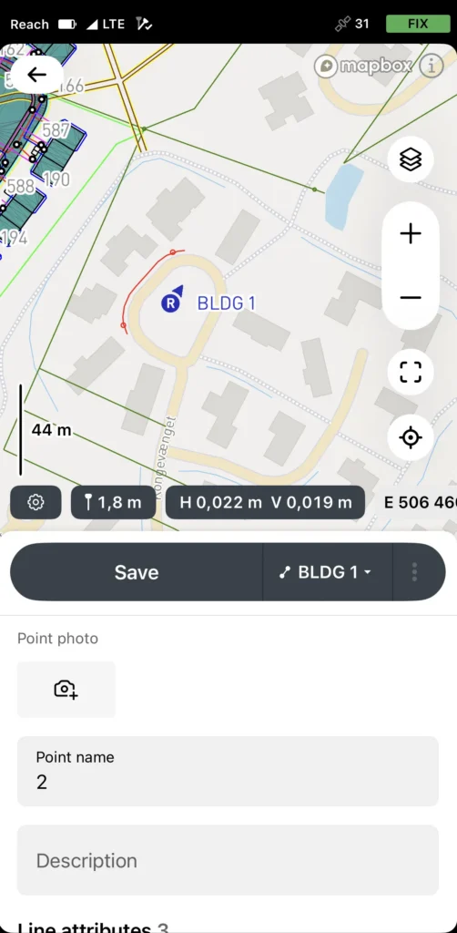 The Emlid Flow app collecting a line feature called BLDG 1 over a site map, with an attribute form below for adding a point photo, point name, and description.