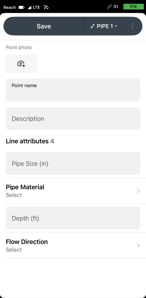 Collecting a pipe and filling in attributes in Emlid Flow
