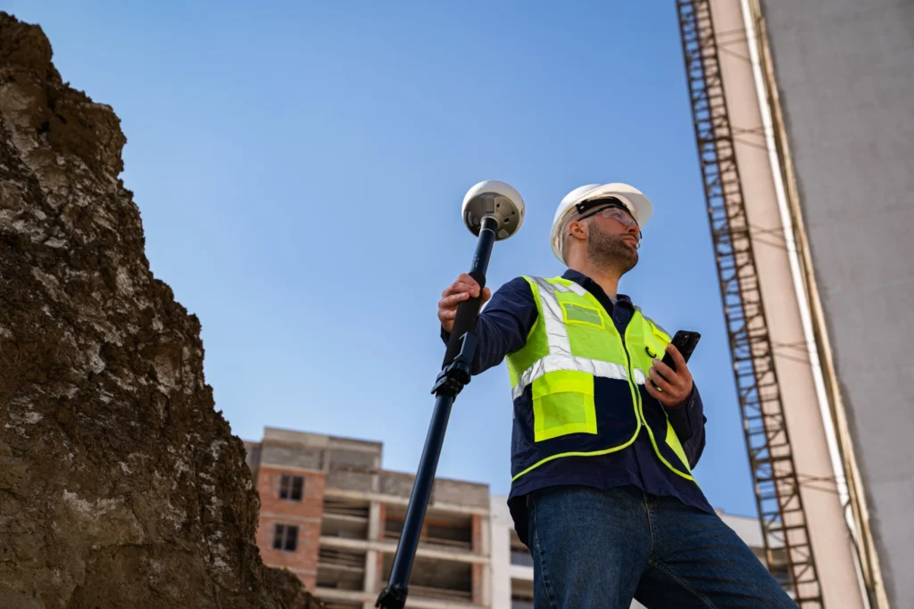 Surveyor using measuring equipment on a construction site, wearing a white hard hat and safety vest, with a building under construction in the background.