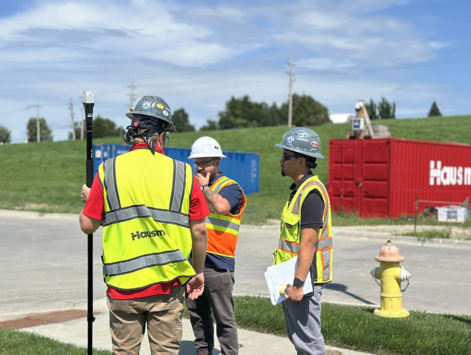 Three construction professionals in hard hats and high-visibility vests stand on a job site, discussing surveying work. One holds a surveying pole, while another carries plans. Construction containers, a fire hydrant, and grassy areas are visible in the background.